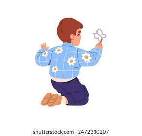 Cute boy kneeling, drawing scribble butterfly with chalk back view. Creative kid with crayons in hand painting on the wall. Little child creates doodles. Flat isolated vector illustration on white