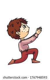 Cute boy kneeling hands up, plays in school theater. Little actor at scene isolated person on white background. Vector character illustration of creative hobby activity, talent show, cinema acting