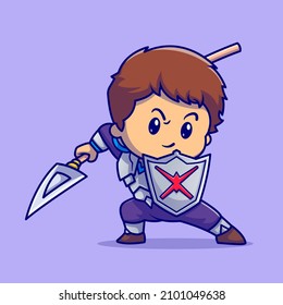 Cute Boy Knight With Shield And Spear Cartoon Vector Icon Illustration. People Hero Icon Concept Isolated Premium Vector. Flat Cartoon Style