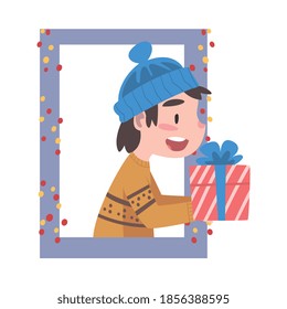 Cute Boy in Knitted Hat Looking out of the Window, Kid Giving or Receiving Present Box, Merry Xmas and New Year, Happy Winter Holidays Concept Vector Illustration