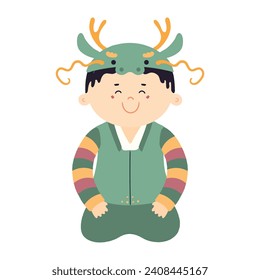 Cute boy in Korean clothes hanbok in dragon hat character illustration. Hand drawn cartoon vector illustration. Flat style design. Seollal holiday card, poster, banner element