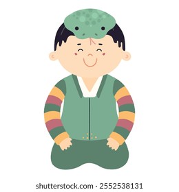 Cute boy in Korean clothes hanbok in snake hat character illustration. Hand drawn cartoon vector illustration. Flat style design. Seollal holiday card, poster, banner element