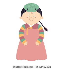 Cute boy in Korean clothes hanbok in snake hat character illustration. Hand drawn cartoon vector illustration. Flat style design. Seollal holiday card, poster, banner element