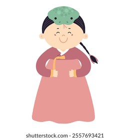 Cute boy in Korean clothes hanbok in snake hat character illustration. Hand drawn cartoon vector illustration. Flat style design. Seollal holiday card, poster, banner element