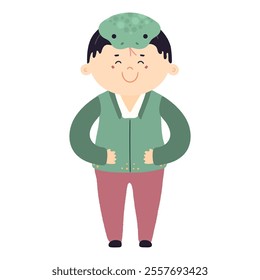 Cute boy in Korean clothes hanbok in snake hat character illustration. Hand drawn cartoon vector illustration. Flat style design. Seollal holiday card, poster, banner element