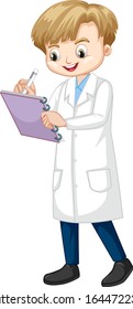 Cute boy in lab gown on white background illustration