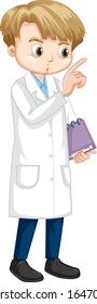 Cute boy in lab gown on white background illustration