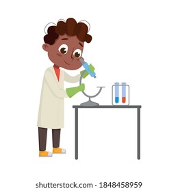 Cute Boy in Laboratory Coat Examining Molecular Structure Through Microscope Vector Illustration