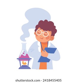 Cute Boy at Laboratory with Flask Conduct Experiment Vector Illustration
