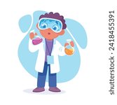 Cute Boy at Laboratory with Glass Flask Conduct Experiment Vector Illustration