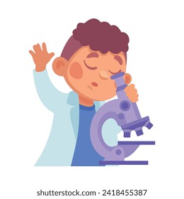 Cute Boy at Laboratory with Microscope Conduct Experiment Vector Illustration