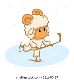 Cute boy lamb plays ice hockey. Cartoon vector illustration. Japaneese kawaii style. symbol of the year