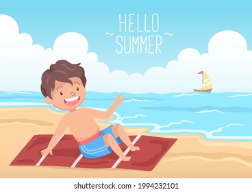 cute boy laying on the beach hello summer