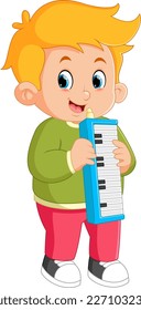 a cute boy is learning a song by playing a melodian musical instrument of illustration