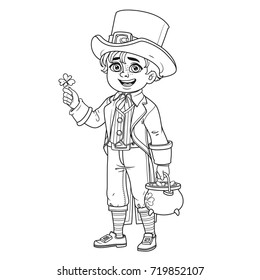 Cute boy in leprechaun costume with pot of gold outlined for coloring page