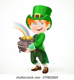 Cute boy in a Leprechaun suit with pot full of gold isolated on white background