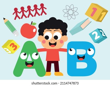 Cute boy,  letters and school objects