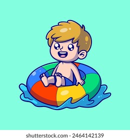 Cute Boy with a life vest cartoon illustration. Summer icon concept. Flat cartoon style