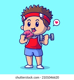 Cute Boy Lifting Barbell And Eating Doughnut Cartoon Vector Icon Illustration. People Sport Icon Concept Isolated Premium Vector. Flat Cartoon Style