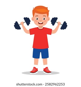 Cute Boy Lifting Dumbbell, Fitness Workout Flat Vector Illustration