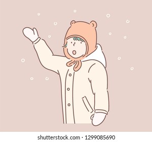 A cute boy likes snowing. hand drawn style vector design illustrations.