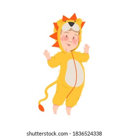 Cute Boy in Lion Costume, Happy Halloween Party Festival with Kid Trick or Treating Cartoon Vector Illustration