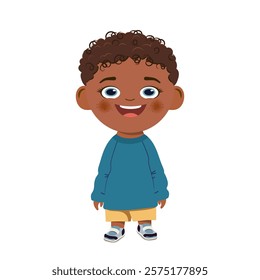 Cute boy. Little African American smiling. Dark curly hair, big eyes, sports T-shirt, shorts, sneakers. Primary school boy. Flat vector illustration isolated on white background