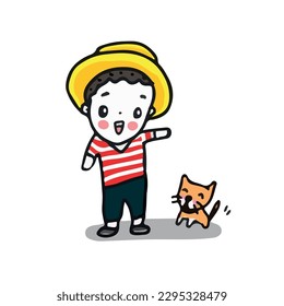 Cute boy with a little cat, cartoon hand drawn style vector illustration