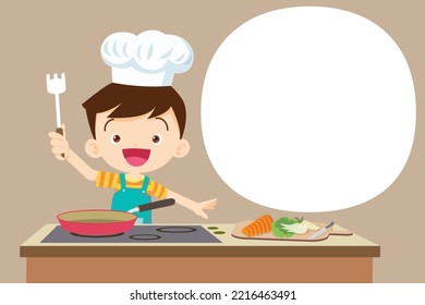 Cute Boy little chef present cooking in the kitchen with speech bubble