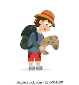 Cute boy looking at map with backpack and hat. The traveler is holding the map and looking for the way. Cartoon tourist. Vector illustration isolated on white background.