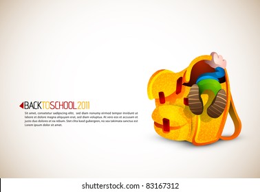 Cute Boy Looking for Something in his Huge School Backpack | Back To School Series | Detailed vector illustration with space for text | All layers named accordingly