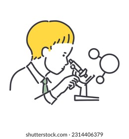 Cute boy looking through microscope. Little boy studying. Cartoon kid looking down. Simple style outline flat vector illustrations on white back. Perfect for cute web, school marketing, research art.