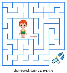 A cute cute boy is looking for a way to fins and a mask to snorkel through the maze. Find a way out of the maze. Educational game for children. Cartoon vector illustration, color clipart.