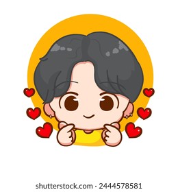 Cute boy love hand sign gesture cartoon character. Korean style fashion. People expression concept design. Chibi vector illustration. Isolated white background