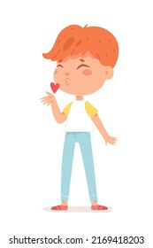 Cute boy in love sending air kiss, blowing with red flying heart vector illustration. Cartoon little child with funny sincere expression showing romantic feelings on adorable face isolated on white