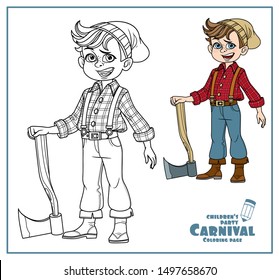 Cute boy in a lumberjack suit with an ax color and outlined for coloring page