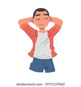 Cute Boy Lying with Hands behind his Head, View from Above of Dreaming Kid Lying on Isolated White Background Vector Illustration