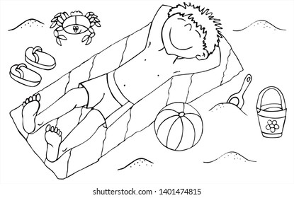 Cute boy is lying on the beach. Summer vector for card or gift. Black and white vector for coloring.