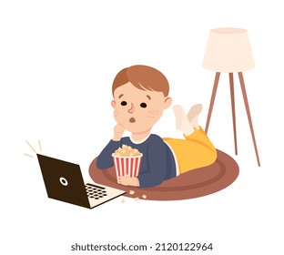 Cute Boy Lying on the Floor with Popcorn In Front of Laptop Watching Movie Vector Illustration