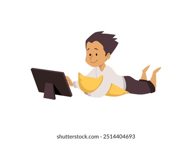 Cute boy lying on the pillow and looking at the tablet device. Child using gadget. Kid online education, communication or entertainment. Cartoon vector illustration. Addiction of smart technologies