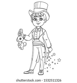 Cute boy in magician costume with a hare and magic wand outlined for coloring page