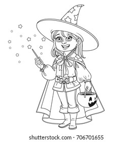 Cute boy in Magician costume with a pumpkin bag for sweets trick or treat outlined for coloring page