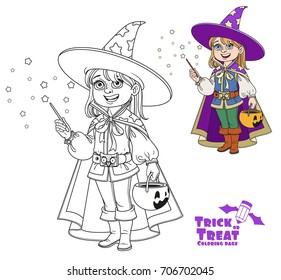 Cute boy in Magician costume with a pumpkin bag for sweets trick or treat color and outlined for coloring page