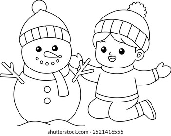 Cute boy are making a snowman cartoon coloring page. Christmas and Winter Illustration 