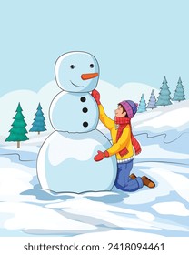 Cute boy making snowman illustration