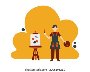 cute boy or man painting with canvas medium, painter apron, brush, and palette. hobbies flat vector illustration for poster, banner, web design element