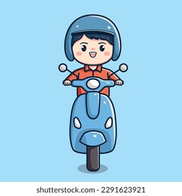 Cute boy or man riding motorcycle scooter flat outline character cartoon chibi kawaii