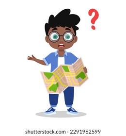 Cute boy with a map in his hands asks for directions