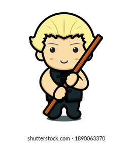 Cute boy martial art mascot character holding wooden stick vector cartoon icon illustration. Design isolated on white. Flat cartoon style.