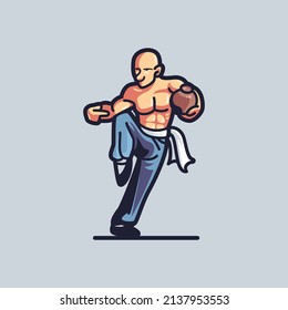 Cute boy martial arts mascot character. practice moving with the urn. Flat cartoon style.